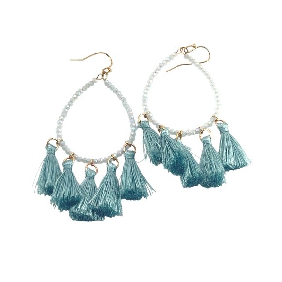Teal Tassel Beaded Hoop Earrings With Gold Hooks Long Bohemian Statement Jewelry - Picture 3 of 8